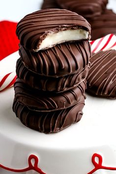 chocolate covered cookies stacked on top of each other