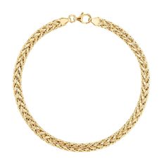 This yellow gold wheat chain bracelet features a classic design that will become an everyday favorite. Crafted in gleaming 10k yellow gold, the links in this wheat chain bracelet are braided together to form a timeless design. This bracelet is 4mm wide and 7.5 inches in length and is secured with a lobster clasp closure. Classic Wheat Chain Link Bracelet, Classic Wheat Chain Link Bracelets, Classic Gold Bracelets With Wheat Chain, Classic Gold Chain Bracelet With Wheat Chain, Classic Gold Bracelet With Wheat Chain, Classic Gold Wheat Chain Bracelet, Classic Formal Bracelet With Wheat Chain, Classic 14k Gold Bracelet With Wheat Chain, Classic Formal Wheat Chain Bracelet