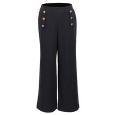 A classic in a wardrobe, these "sailor" style pants are decorated with gold buttons and are structured with an elastic band in the back belt. An effortless piece that goes well with blouses, sweaters and blazers. Suitable for urban walks, the office or casual weekend getaways. Main material: 100% Polyester. Lining: 98% Polyester, 2% Elastane. Washing temperature 30° maximum in delicate cycle. Low ironing temperature / bleaching prohibited. Do not tumble dry. Chic Formal Bottoms With Gold Buttons, Chic Wide Leg Ankle-length Pants With Buttons, Chic Ankle-length Wide Leg Pants With Buttons, Wide-leg Office Pants With Buttons, Wide Leg Pants With Buttons For Office, Office Wide Leg Pants With Buttons, Office Wide-leg Pants With Buttons, Elegant Wide Leg Workwear Pants With Buttons, Elegant Wide Leg Office Pants With Buttons