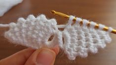 the crochet stitch is being worked on by someone holding it in their hand