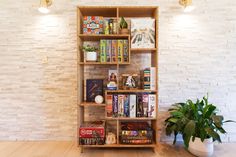 a bookshelf filled with lots of books next to a potted plant