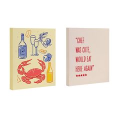 two greeting cards, one with crab and the other with wine on it's side