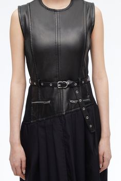 Leather Bodice, Embellished Belt, Combo Dress, Punk Inspiration, Bodice Dress, Smooth Leather, Pleated Skirt, At Night, Zip Pockets