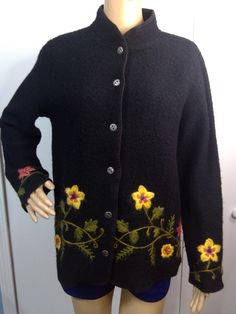 Black with colorful embroidery flowers and 6 fancy metal buttons. 57%Acrylic/39%Mohair/4%Wool VGVC with no flaws noted Size Small- Refer to Measurements: Bust/42" Waist/36" Sleeve/23" Length/25" Smoke & Pet Free Studio Embroidered Wool Sweater For Fall, Spring Wool Cardigan With Embroidery, Spring Embroidered Wool Cardigan, Spring Wool Sweater With Buttons, Spring Wool Sweater With Embroidery, Spring Embroidered Wool Sweater, Spring Wool Embroidered Sweater, Winter Cardigan With Multicolor Embroidery, Winter Multicolor Embroidered Cardigan