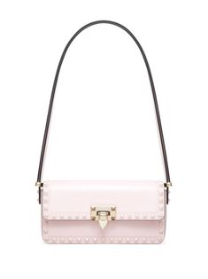 Black Tie Collection blush pink leather single shoulder strap foldover top flip-lock fastening gold-tone Rockstud embellishment gold-tone logo lettering internal slip pocket Tie Collection, Shoulder Bag Pink, Valentino Garavani Bag, Valentino Rockstud, Iconic Bags, Summer Beach Wear, Ballet Flat Shoes, Pink Leather, Top Shoes