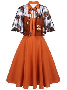 Orange 1950s Cape Pumpkin Swing Dress – Retro Stage - Chic Vintage Dresses and Accessories 1950s Halloween, Standard Dress, The Hollow, Halloween Dress, Orange Dress, Looks Style, Vintage Chic, Petticoat, Swing Dress