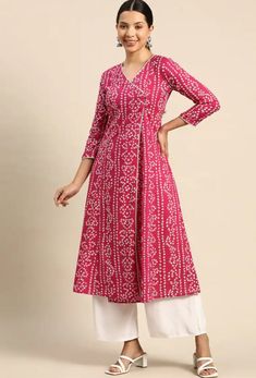 Pakistani Salwar Kameez / Indian Wedding Dress / Plus Size Cotton Dress Traditional Indian Wear / Salwar Kameez Dupatta / Kurti Palazzo Set Product Details * Colour: pink Bandhani printed * V-neck * Three-quarter, regular sleeves * A-line shape with angrakha style * Calf length with flared hem * Regular cotton Material & Care 100% Cotton Machine Wash package contents One piece kurta One piece Palazzo Note:- Please see the size chart in the image to choose a perfect size. Please feel free to ask any questions regarding this item WE ALSO ACCEPT CUSTOMISATION AS PER CUSTOMER REQUESTS. Indian Cotton Anarkali Dresses, Cheap Fitted Kurta With Pallu, Kurta Maxi Dress, Anarkali Angrakha Dress, Casual Anarkali Dress, Luxury Floor-length Kalamkari Print Dresses, Angrakha Dress Cotton, Simple Dress Pattern For Women Indian, Cotton Dress Pattern Indian Neck