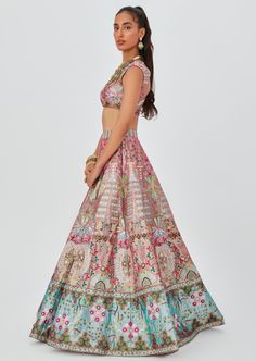 Multicolor Pink/ blue embellished heavy kali tissue contrast broad border lehenga with sleeveless blouse & scallop dupatta. Kali Lehenga, Scallop Dupatta, Sleeveless Blouse, Lehenga, Pink Blue, Pink, Blue