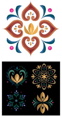 four different colored designs on black and white