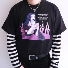 person modeling a black t-shirt with a goth anime girl printed on it Y2k Emo Grunge, Mall Goth Y2k, Goth Babe, Pink Flames, Goth Y2k, Scene Core, Y2k Emo, Emo Grunge, Mall Goth