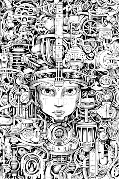 a black and white drawing of a woman's face surrounded by various mechanical objects