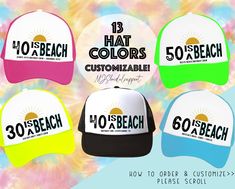 Please read below on ordering instructions: >>HOW TO ORDER: 1. Select number of hats.  2. Put colors & text you want on hats in the personalization section- see first photo for text options! 3. Add all to cart! >>PROOFS: STRICT POLICY- sorry no proofs, the order will look like the main first photo just with your information. >>SHIPPING: FREE SHIPPING ON 35$ OR MORE DISCOUNT AUTOMATICALLY APPLIED AT CHECKOUT NO COUPON CODE NEEDED Please Read- Shipping Information: USPS has had budget cuts and are Summer Multicolor Hats With Letter Print, Multicolor Summer Hats With Letter Print, Summer Multicolor Letter Print Hats, Multicolor Letter Print Summer Hat, Personalized Summer Snapback Hats, Personalized Fun Summer Trucker Hat, Personalized Summer Trucker Hat With Curved Brim, Personalized Summer Trucker Hat, Customizable Summer Trucker Hat For Beach