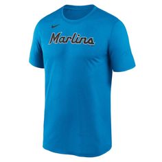 Take any Miami Marlins look to new heights with this New Legend T-shirt. It features a bold team wordmark across the chest and a classic crew neck design for all-day comfort. Step out in striking Miami Marlins style with this Nike shirt. Brand: Nike Dri-FIT technology wicks away moisture Machine wash, tumble dry low Move To Zero is Nike's journey toward zero carbon and zero waste to help protect the future of sport. Apparel labeled sustainable materials is made with at least 55% recycled content Nike Short Sleeve Fan Apparel Top, Nike Short Sleeve Tops For Fans, Blue Letter Print Shirt For Fan Gear, Nike Blue Fan Apparel Tops, Nike Blue Tops For Fan Merchandise, Nike Short Sleeve Pre-shrunk Tops, Nike Blue T-shirt For Sports Events, Blue Crew Neck T-shirt With Team Logo, Blue Nike T-shirt With Logo Print