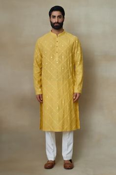 Yellow full sleeves silk kurta with all over mirror and thread vine jaal embroidery detailing. - Aza Fashions Jaal Embroidery, Yellow Mirror, Kurta Men, Embroidery Detailing, Silk Kurta, Silk Embroidery, Fashion App, Full Sleeves, Mandarin Collar