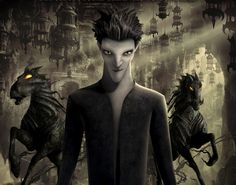 an animated character standing in front of some monsters