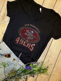 Great Shopping Womens San Francisco 49ers Rhinestone New Womens Sizing VNeck T-shirt S thru 4X, Women's Tops Womens 49ers Shirt, 49ers Outfit Women, 49ers Outfit, 49ers Hoodie, Outfit Women, San Francisco 49ers, Women's Tops, Fashion Tops, Unisex Hoodies