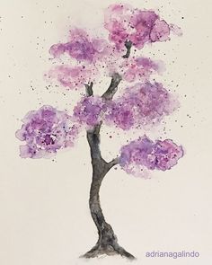 a watercolor painting of a tree with purple flowers on it's trunk and branches