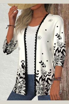 ROTITA Patchwork Floral Print Black 3/4 Sleeve Light Coat Spring V-neck Patchwork Cardigan, Summer Patchwork Cardigan, Spring Patchwork Cardigan, White Bohemian Cardigan With Floral Print, Black Cotton Summer Cardigan, Casual Cotton Cardigan With 3/4 Sleeves, White Summer Cardigan With 3/4 Sleeves, Casual White 3/4 Sleeve Cardigan, Casual White Cardigan With 3/4 Sleeve