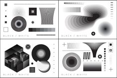 four different black and white posters with geometric shapes on them, each one has an abstract design