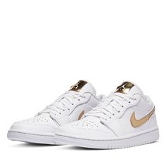 Leather upper Perforated toe box Synthetic metallic swoosh Foam midsole Rubber outsole Color: White/Metallic Gold/White Style: CZ4776-100 Jordan Retro 1 Low, Krewe Sunglasses, Jordan Retro 1, Womens Air Jordans, Nike Air Max For Women, Jersey Pants, Air Jordan 1 Low, Latest Sneakers, Jordan 1 Low