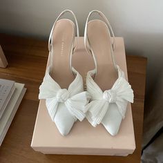 Loeffler Randall Sylvana Pearl White Heels - Perfect For Bride - Sold Out On Anthropologie Only Worn Once For My Rehearsal Size 9. A Voluminous Bow Detail Tops Off These Bridal Slingbacks With A Sleek, Pointed Silhouette. Slip-On Styling Polyester Upper; Leather Sole 3" Heel Imported Wedding Shoes Closed Toe, Colorful Wedding Shoes, Wedding Shoes Bride, White Heels, Slingbacks, Loeffler Randall, Shoes Color, Bow Detail, Wedding Shoes