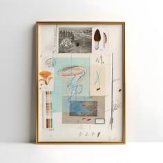 a framed artwork with various objects on it