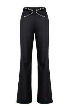 Elevate your whole weekend look with these pants. Featuring a black fabric with a embellished rhinestone design and split hems, style this with the matching top and mules for a look we're loving. Model Size: M size XS  length 103cm, waist 60cm, hips 92cmsize S    length 105cm, waist 64cm, hips 96cmsize M   length 107cm Nana Jacqueline, Buckle Pants, Designer Pants, Tumblr Fashion, Pants Design, Matching Top, Stage Outfits, Designer Wear, Flare Pants