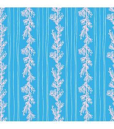 a blue and white striped wallpaper with corals on the bottom, against a light blue background