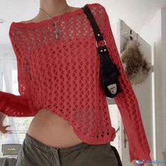 Orcajump - Loose-Fit Sheer Mesh Long-Sleeved Top with Hollow Round Neckline, Ideal for Layering in Solid Color Knit Fabric. Mesh Long Sleeve Top, Collars For Women, Round Neck Sweaters, Knitted Poncho, Collar Sweater, Mesh Long Sleeve, Knitwear Tops, Solid Clothes, Knitted Pullover