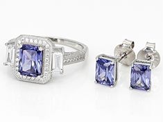 Bella Luce® tanzanite and white diamond simulants 6.76ctw octagon rectangle, round, and rectangle, rhodium over sterling silver jewelry set. Ring measures approximately 0.81" L x 0.44" W and is not sizable. Studs measure approximately 0.63" L x 0.19" W and has push back backings. White Gold Jewelry With Square-cut Accent Stones, Cubic Zirconia Jewelry With Square Cut Accent Stones, Square Cut Cubic Zirconia Jewelry With Accent Stones, Classic White Gold Tanzanite Jewelry, Modern Jewelry With Rectangular Accent Stones, Classic Sterling Silver Octagon Jewelry, Fine Jewelry Baguette Cut Cubic Zirconia, Sterling Silver Jewelry With Rectangular Center Stone, Classic Tanzanite Jewelry With Halo Setting