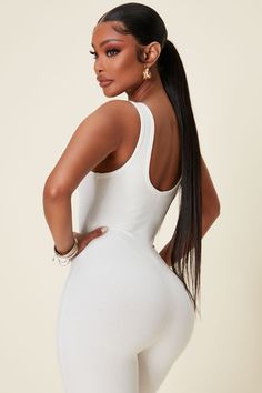 Available In Black, Off White, And Pink. Sleeveless Scoop Neck And Scoop Back Skinny Leg Compression Rib 82% Rayon 18% Spandex Imported | Maeve Scoop Neck Snatched Jumpsuit in Off White size Large by Fashion Nova Leg Compression, Off White Fashion, Solid Color Jumpsuits, Flattering Pants, Fashion Nova Outfits, Leopard Print Sweater, White Romper, Black White Pink, Jumpsuit Fashion