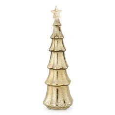 a small gold christmas tree with a star on it's top, sitting in front of a white background