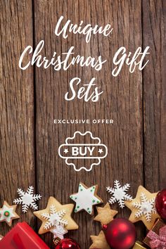 an image of christmas gifts on wooden background with text overlay that reads unique christmas gift sets exclusively offer buy