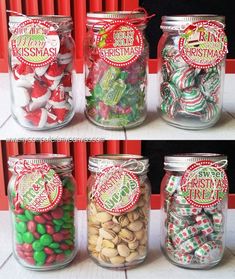 four jars filled with different types of candy