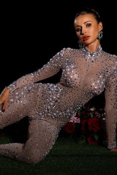 Dimitrielis Rhinestone Pearl Highneck Jumpsuit – Acmefun Rhinestone Jumpsuit, Embellished Jumpsuit, Jumpsuit, High Quality