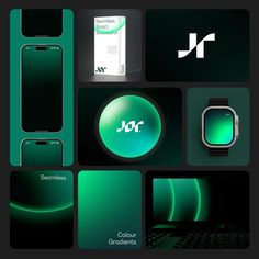 various green and black business cards with the logo jqr on one side, phone in the other