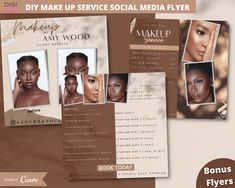 three brochures with photos of women's faces and the words make up service social media flyer