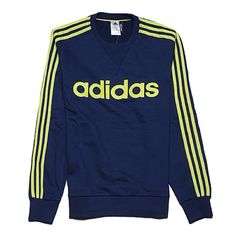 Bnwt Navy Blue Adidas Cotton Sweatshirt With Three Stripes, Adidas Crew Neck Sweatshirt With Three Stripes, Blue Sportswear Top With Three Stripes Branding, Blue Sportswear Top With Three Stripes, Blue Athleisure Tops With Three Stripes, Casual Three Stripes Crew Neck Sweatshirt, Casual Crew Neck Sweatshirt With Three Stripes, Blue Adidas Sportswear T-shirt, Blue Letter Print Sportswear Tops