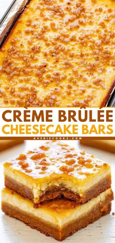 two pieces of creme brulee cheesecake bars stacked on top of each other