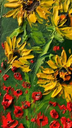 an oil painting of sunflowers and poppies on a green background with red flowers