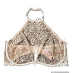 New Dream Angel Sleep Bralette Size 34dd Sheer Lace Light Tan With Cream Colored Embroidery Pattern Halter Style Bralette With Underwire. Lace Tops With Underwire And Bra Friendly Design, Fitted Beige Bra With Lace Trim, Fitted Beige Lace Trim Bra, Spring Lace Beige Bra, Spring Beige Lace Bra, Elegant Bra-friendly Halter Neck Intimate, Summer Lace Bra With Padded Cups, Delicate Lace Underwire Bra For Summer, Partially Lined Lace Bra In Beige