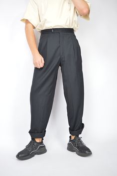 Vintage black classic straight wool suit trousers {1144} PRODUCT INFO: Material - 100% WOOL / Size tag on item - 30 / WAIST - 76 CM / FULL LENGTH - 110 CM / 43.5 INCH / INSEAM - 84 CM / 33 INCH / Our model is 179 CM and normally wears a size 29/30 INFO: Due to item's vintage condition, the original tag might not show the true size. If you have any questions about this product or shipping just drop us a message and we will get back to you as soon as possible. CONDITION: Please note that Hanger Vi Retro High-waisted Relaxed Fit Pants, Tailored High Waist Business Pants, Retro Relaxed Fit Tapered Leg Pants, Classic High Waist Work Pants With Belt Loops, Retro Trousers For Workwear, Straight Leg Work Pants For Business In Spring, Retro Straight Pants For Work, Classic High Waist Business Bottoms, Classic High Waist Work Pants For Spring