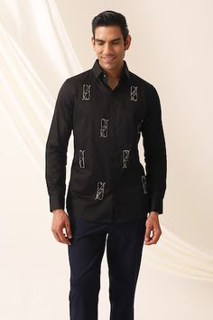 Black button down shirt with intricate motif embroidery. - Aza Fashions Black Embroidered Button-up Shirt, Black Embroidered Cotton Shirt, Designer Black Cotton Shirt, Designer Long Sleeve Festive Shirt, Designer Embroidered Cotton Top, Black Embroidered Shirt For Formal Occasions, Formal Black Embroidered Shirt, Traditional Black Embroidered Shirt, Designer Embroidered Long Sleeve Shirt