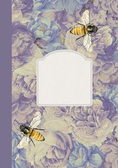 two bees are sitting on top of blue and purple flowers with a white label in the middle