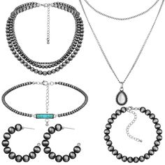 PRICES MAY VARY. Navajo Pearl Jewelry Set: you will get 1 set of Navajo jewelry, including 1 piece of Navajo pearl western bracelet, 1 pair of Navajo pearl earrings, 1 piece of drop pendant necklace, 1 piece of Navajo Pearl turquoise choker and multilayer Navajo pearl necklace, complete and enough to meet your daily wear needs Quality and Friendly: the Navajo pearls jewelry is mainly made of polished CCB beads and alloy metal, with good and delicate electroplating color preservation technology, Western Bracelets, Bracelets Vintage, Pearl Jewelry Set, Navajo Necklace, Turquoise Choker, Choker Silver, Western Necklaces, Navajo Pearls, Pearls Jewelry