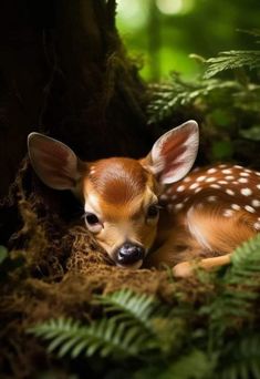 a baby deer is laying down in the woods