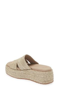 Bask in the sunshine with this paradise-ready raffia sandal lifted by a thick platform sole. 2" heel; 1 1/2" platform Textile upper/leather lining/rubber sole Imported Beige Cushioned Platform Slippers For Beach, Beige Closed Toe Platform Slippers For Beach, Neutral Straw Sandals With Cushioned Footbed, Beach Straw Wedge Sandals With Cork-bed Midsoles, Chic Straw Platform Sandals, Natural Straw Wedge Heel Sandals, Beige Straw Wedge Sandals With Textured Sole, Natural Straw Sandals With Removable Insole, Chunky Platform Round Toe Slippers For Beach