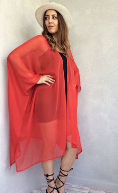 Layer Clothes, Kimono Outfits, Kimono Dressing Gown, Red Kimono, Orange Chiffon, Gown Red, Chiffon Kimono, Bridal Robe, Boho Bridal