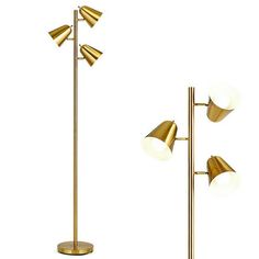 three light floor lamp with two lamps on each side and one is turned on the other side