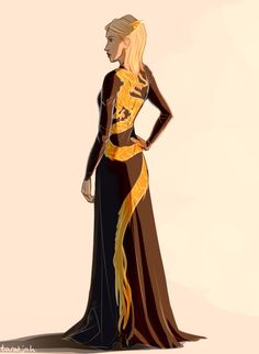 a drawing of a woman in a dress with long blonde hair, wearing a black and gold gown